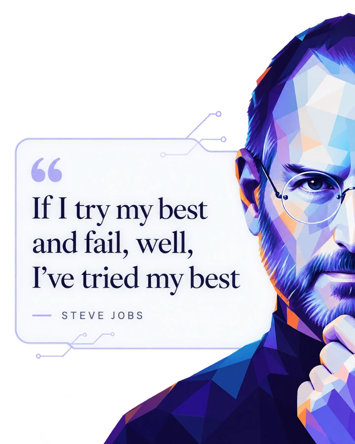 Geometric portrait artwork carrying an inspirational quotation attributed to Steve Jobs.